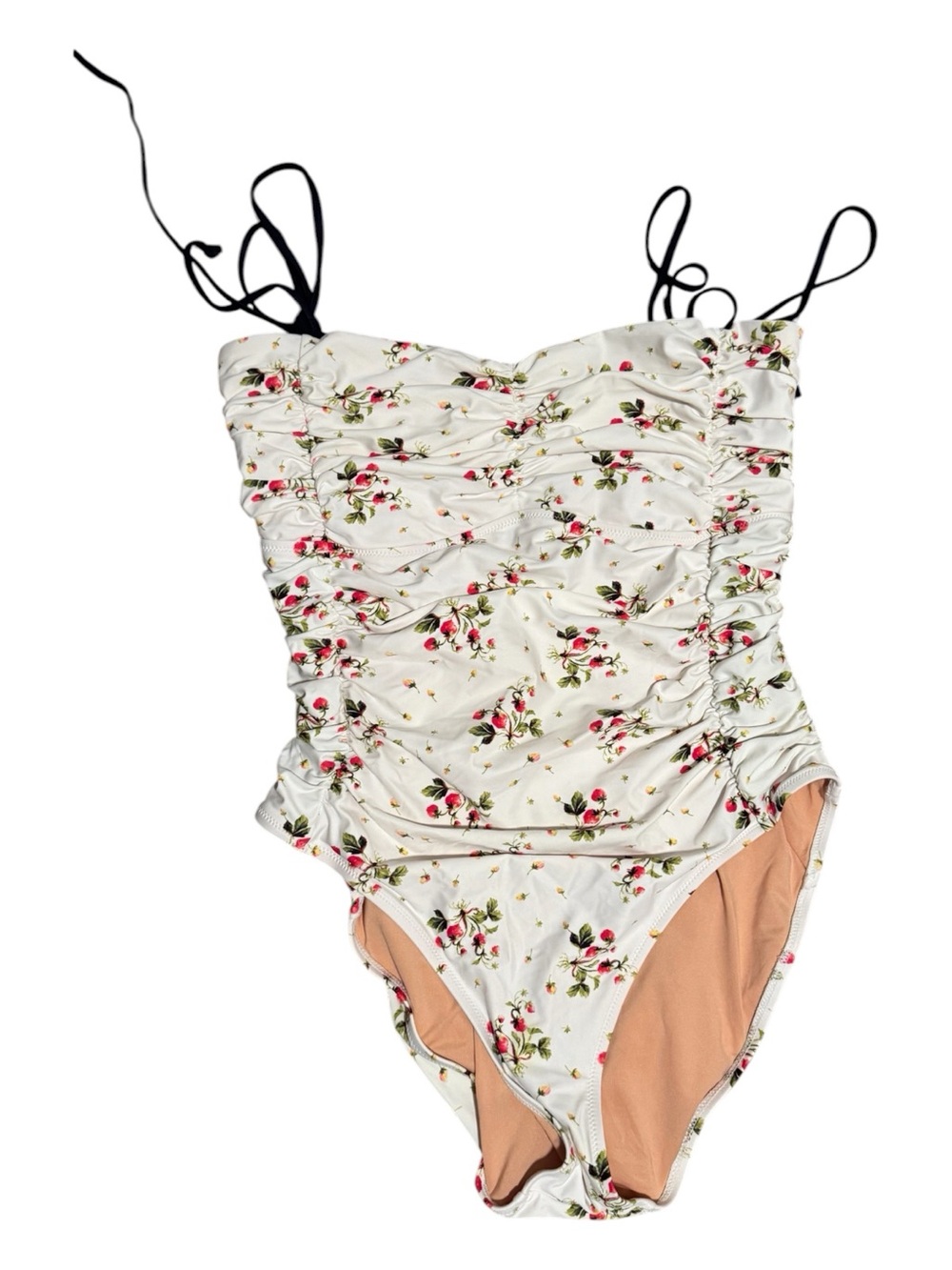 J.Crew Ruched Tie-Shoulder One-Piece Swimsuit Strawberry Floral Size 12 - Picture 2 of 4